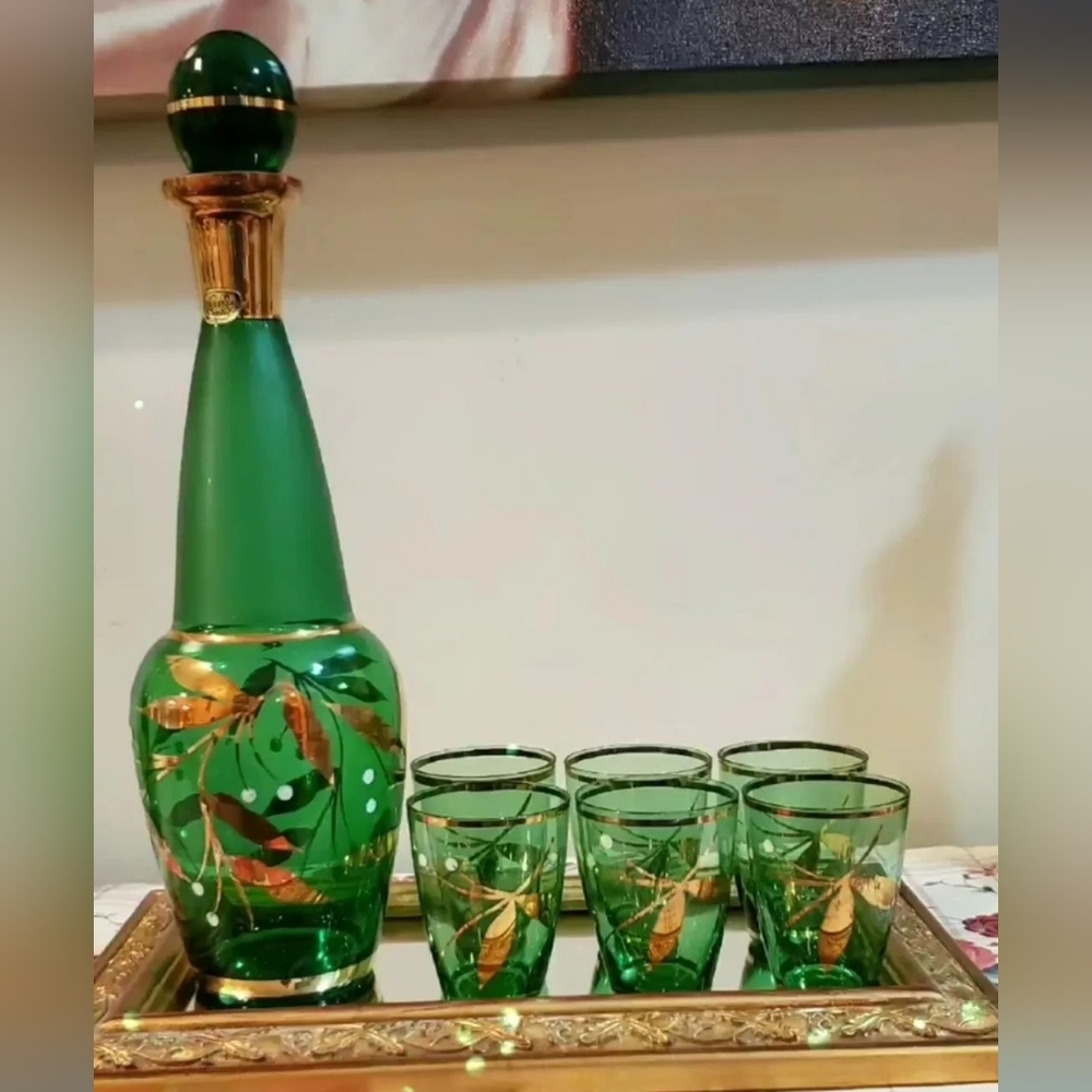 Green Czechoslovakia Bohemian Crystal Decanter with 6 Glasses